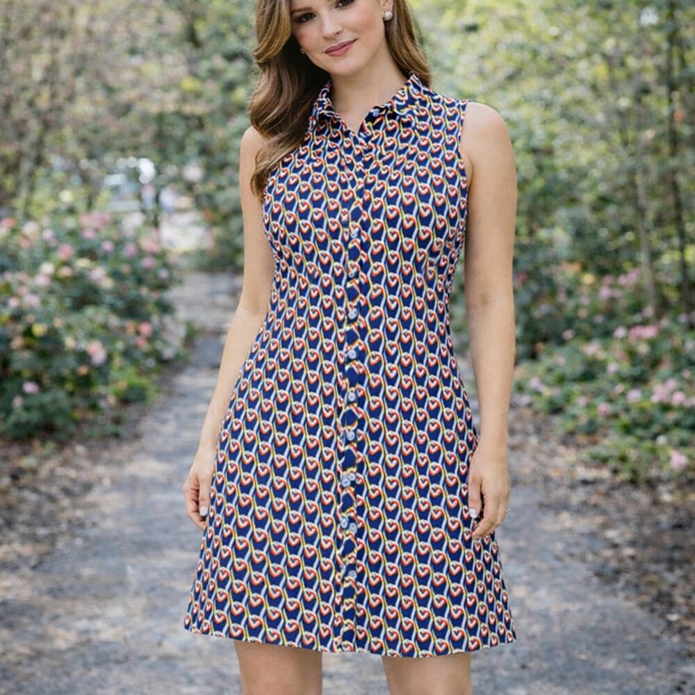 CAbi SZ XS Hola Collection Amour Hearts Blue Button Down Dress #5370